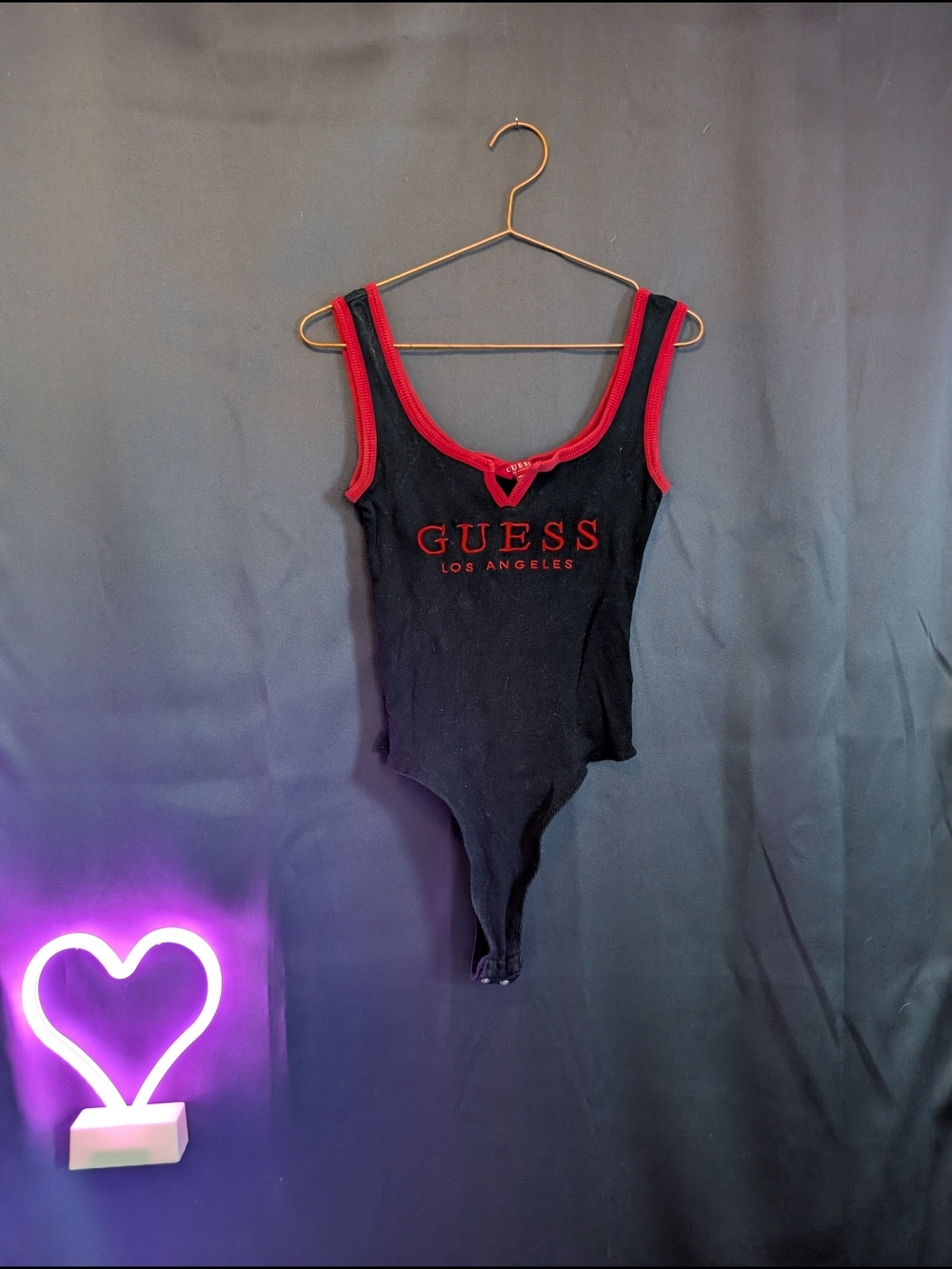 GUESS Black Tank Bodysuit with Red Trim Vintage Y2k Baddie Club